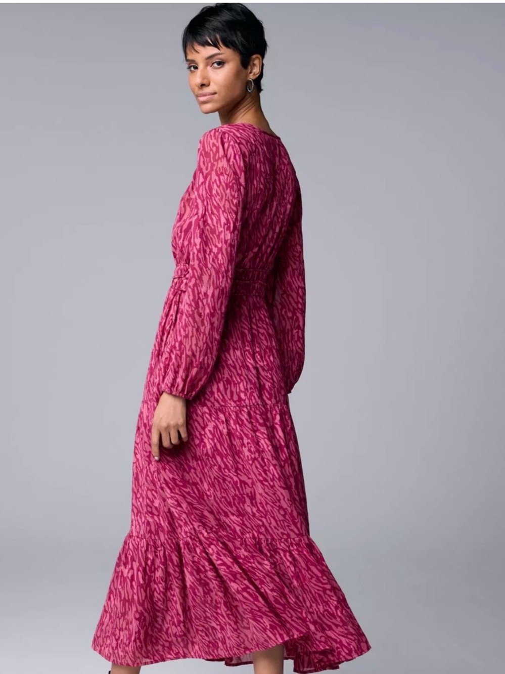 XS Simply Vera Vera Wang Pink Animal Print Tiered Maxi Dress Long Sleeve